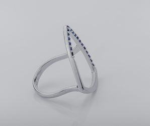 Simple Triangular Ring with Blue Gems, Rhodium Plated 925 Silver