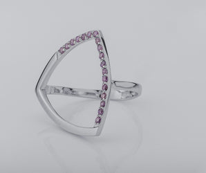 Simple Triangular Ring with Purple Gems, Rhodium Plated 925 Silver