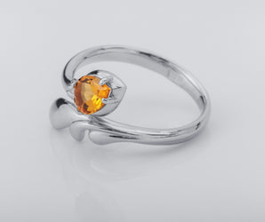Candle Flame Citrine Ring, Rhodium plated 925 silver