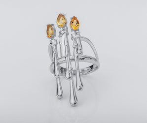 Candle Stand Ring with Citrine gems, Rhodium plated 925 silver