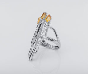 Candle Stand Ring with Citrine gems, Rhodium plated 925 silver