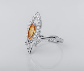Candle Flame Ring with Citrine and CZ gems, Rhodium plated 925 silver