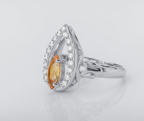 Candle Halo Flame ring with Citrine, Rhodium plated 925 silver