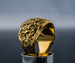 14K Gold Helm of Awe Ring with Mammen Ornament Viking Jewelry
