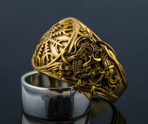 14K Gold Helm of Awe Ring with Mammen Ornament Viking Jewelry