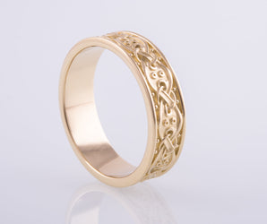 14K Gold Viking Ring with Scandinavian Ornament Unique Jewelry