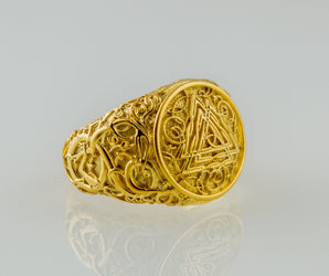 Valknut Symbol Ring with Urnes Style Gold Viking Jewelry