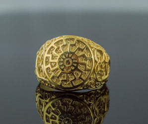 Black Sun Symbol with Urnes Style Gold Norse Ring