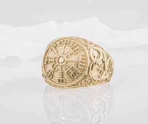 Vegvisir Symbol Ring with Urnes Style Gold Norse Jewelry