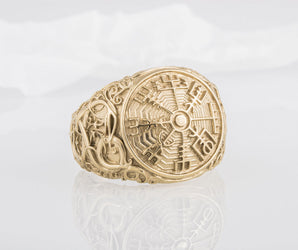 Vegvisir Symbol Ring with Urnes Style Gold Norse Jewelry