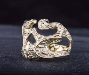 14K Gold Skull Ring with Ornament Unique Biker Jewelry