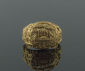 Drakkar Symbol Ring with Urnes Style Gold Viking Jewelry