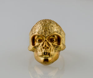 Skull Mask Ring with Ornament Gold Unique Norse Jewelry