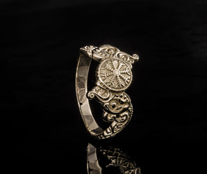 Ring with Helm of Awe Symbol and Wolf Ornament Gold Viking Jewelry
