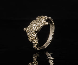 Ring with Helm of Awe Symbol and Wolf Ornament Gold Viking Jewelry