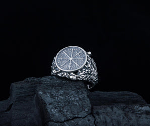 Vegvisir Symbol aka Runic Compass with Oak Leaves and Acorn Sterling Silver Norse Ring