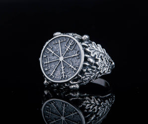 Vegvisir Symbol aka Runic Compass with Oak Leaves Sterling Silver Viking Ring