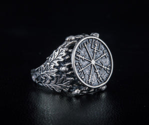 Vegvisir Symbol aka Runic Compass with Oak Leaves Sterling Silver Viking Ring