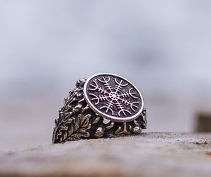 Helm of Awe Symbol with Oak Leaves and Acorns Sterling Silver Handcrafted Viking Ring