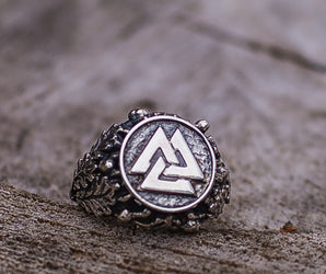 Valknut Ring with Oak Leaves and Acorns Sterling Silver Viking Ring