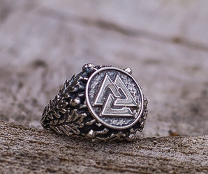 Valknut Symbol with Oak Leaves Sterling Silver Viking Ring