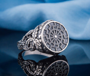 Black Sun Symbol with Oak Leaves Sterling Silver Viking Ring