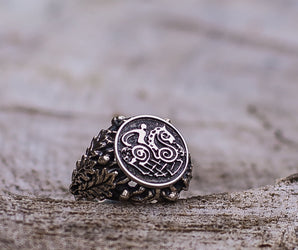 Sleipnir with Oak Leaves and Acorns Sterling Silver Viking Ring