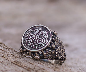 Sleipnir with Oak Leaves and Acorns Sterling Silver Viking Ring