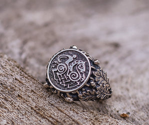 Sleipnir Ring with Oak Leaves Sterling Silver Norse Jewelry