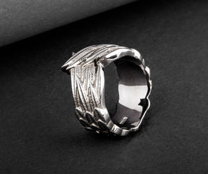 Ring with Raven Feathers Sterling Silver Ring Ruthenium Plated Handcrafted Norse Jewelry