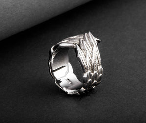 Ring with Raven Feathers Sterling Silver Ring Ruthenium Plated Handcrafted Norse Jewelry