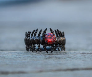 Backbone Ring with Garnet Sterling Silver Ruthenium Plated Handcrafted Unique Jewelry