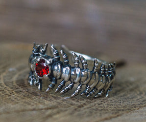 Backbone Ring with Garnet Sterling Silver Handcrafted Unique Jewelry