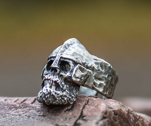 Bearded Skull with Helmet Sterling Silver Unique Ring Biker Jewelry