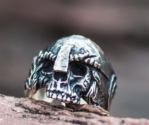 Skull with Helmet Sterling Silver Unique Ring Biker Jewelry