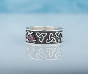 Triquetra Symbol Ring with Red Cubic Zirconia Sterling Silver Celtic Jewelry