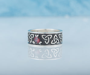Triquetra Symbol Ring with Red Cubic Zirconia Sterling Silver Celtic Jewelry