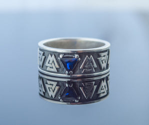 Valknut Symbol Ring with cubic Zirconia Sterling Silver Viking Jewelry