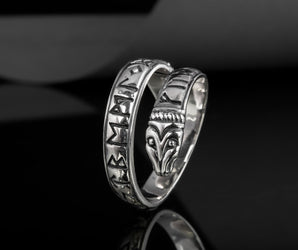 Ouroboros Ring with Elder Futhark Runes Sterling Silver Handmade Viking Jewelry