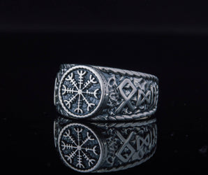 Helm of Awe Symbol with Hail Odin Sterling Silver Viking Ring