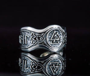 Valknut Symbol With HAIL ODIN Runes Sterling Silver Viking Ring