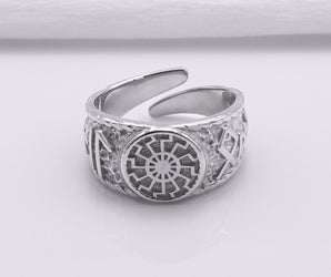 950 Platinum Black Sun Symbol Ring with Hail Odin Runes, Handmade Viking Jewelry