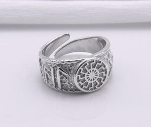 950 Platinum Black Sun Symbol Ring with Hail Odin Runes, Handmade Viking Jewelry