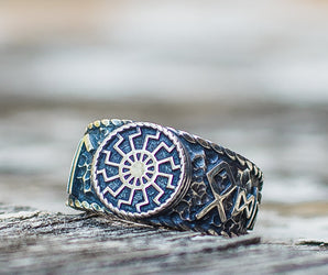 Black Sun Symbol with HAIL ODIN Runes Sterling Silver Viking Ring