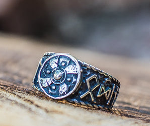 Viking Shield With HAIL ODIN Runes Sterling Silver Ring