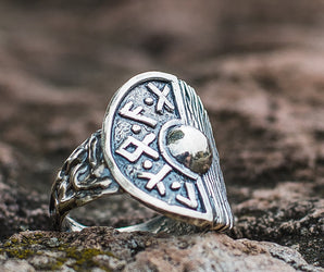 Viking Shield With Runes and Wooden Texture Sterling Silver Pagan Ring