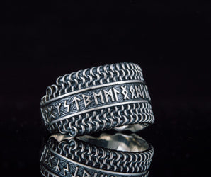 Hauberk Viking Ring with Elder Futhark Runes Sterling Silver Unique Jewelry