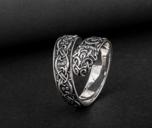 Ouroboros Ring with Viking Ornament Sterling Silver Norse Jewelry