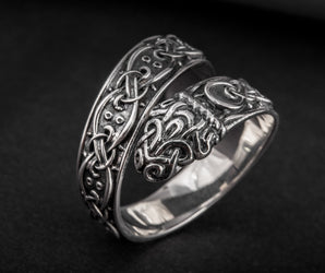 Ouroboros Ring with Viking Ornament Sterling Silver Norse Jewelry