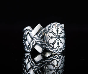 Helm of Awe Symbol with Norse Ornament Ring Sterling SIlver Viking Jewelry